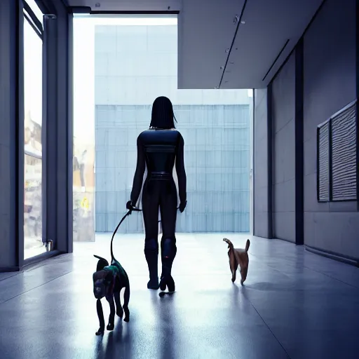 Prompt: Full lenght view contamporary art photography of ultra mega super hyper realistic girl walking with a dog . Photo on Leica Q2 Camera, Rendered in VRAY and DaVinci Resolve and MAXWELL and LUMION 3D, Volumetric natural light. Wearing cyberpunk suit with many details by Hiromasa Ogura .Rendered in VRAY and DaVinci Resolve and MAXWELL and LUMION 3D, Volumetric natural light