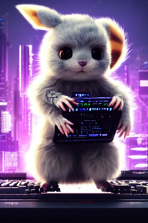 Image similar to high quality 3 d render very cute fluffy cyborg!! rat plays keyboard, cyberpunk highly detailed, unreal engine cinematic smooth, in the style of blade runner & detective pikachu, hannah yata charlie immer, moody light, low angle, uhd 8 k, sharp focus