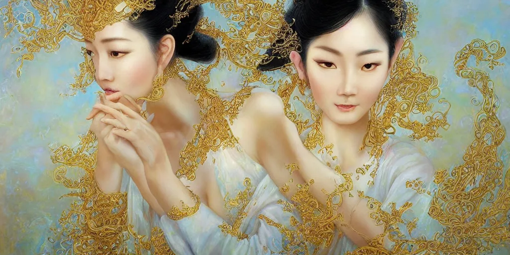 Image similar to asian nymph bald goddess, flowing golden silk twisting with whiten tattoos of cursive sigils on her opalescent skin, fantasy, intricate, very beautiful, elegant, golden light, highly detailed, oil painting by mai xuan thu