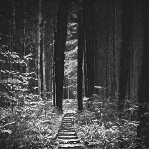 Image similar to grainy trail cam photo still of an alien in the woods at night hiding in the trees of a forest