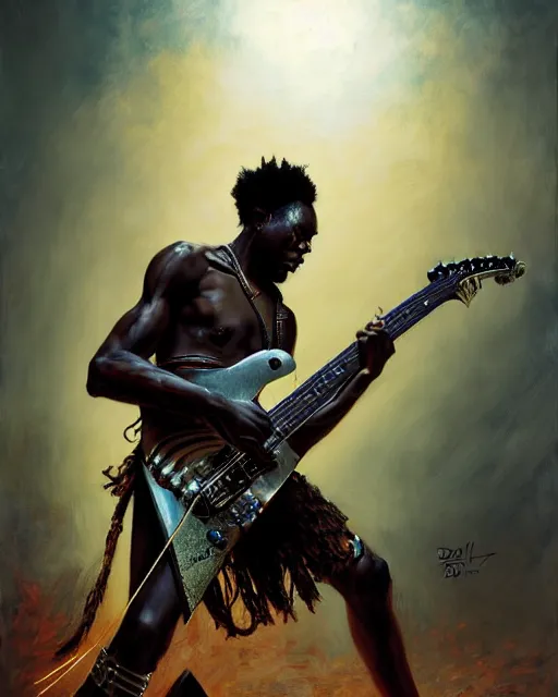 Prompt: a portrait of a zulu warrior shredding an electric guitar by daniel gerhartz, by jon foster, detailed render, epic composition, cybernetics, 4 k realistic, cryengine, realistic shaded lighting, sharp focus, masterpiece, by enki bilal