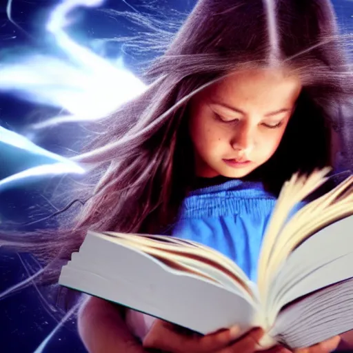 Prompt: VFX movie of a girl reading book, hair flowing down, by Michael Bay