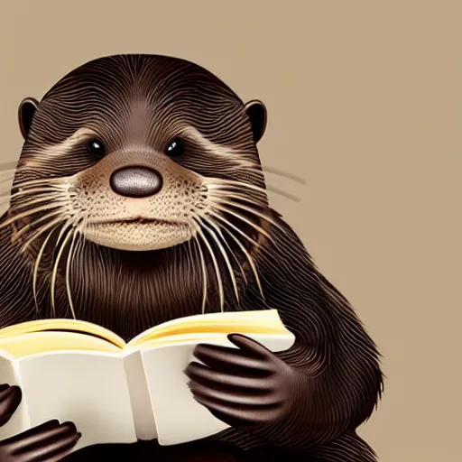 Prompt: a cute smiling otter reading a book at a desk, realistic