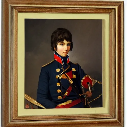 Image similar to portrait of handsome dark haired teenager in napoleon army uniform in Russian empire by Orest Kiprensky,