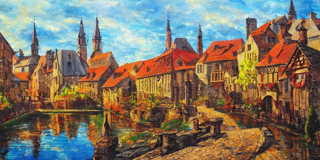 Prompt: a middle european medieval town during autumn, painting, beautiful, award winning masterpiece