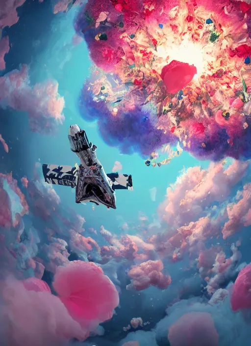 Image similar to An epic fantastic realism comic book style painting of the most beautiful flowers launched into space, bouquets, fisheye lens, unreal 5, DAZ, hyperrealistic, octane render, dynamic lighting