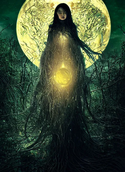 Prompt: glowing silver and golden elements, full close-up portrait, A beautiful dark witch in front of the full big moon, book cover, green forest, red white black colors, establishing shot, extremly high detail, foto realistic, cinematic lighting, pen and ink, intricate line drawings, by Yoshitaka Amano, Ruan Jia, Kentaro Miura, Artgerm, post processed, concept art, artstation, matte painting, style by eddie, raphael lacoste, alex ross