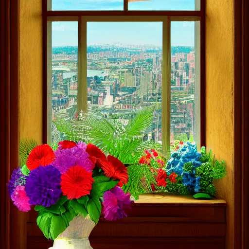 Image similar to a vase with a colorful and beautiful flower arrangement, placed on the windowsill. through the window you can see the beautiful city. noon. beautiful lighting, 4 k post - processing, trending in art station, cg society, highly detailed, 5 k extremely detailed, 3 d. cinematic scene.