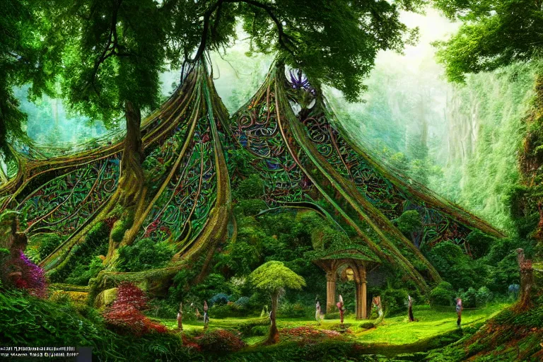 Image similar to a beautiful and highly detailed digital painting of an elven structure in a lush forest in a beautiful valley, psychedelic, trees and plants and flowers, celtic, intricate details, epic scale, 8 k, sharp focus, photorealism, artstation, cgsociety, by caspar friedrich, albert bierstadt, james gurney, brian froud,