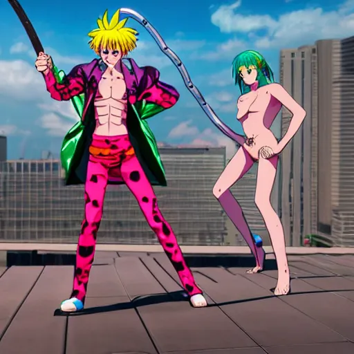 Image similar to hisoka wearing borat pants with a shiny chrome sword in his hand while standing on a rainy rooftop with girls in colorfull bikini ‘ s in the back, anime style, 4 k, high detail, 3 d cgi, futuristic, apocalyptic