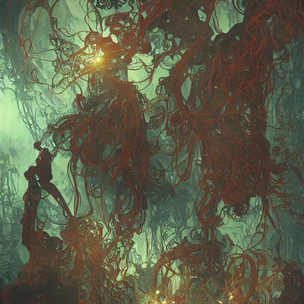 Image similar to rich teal fungus monsters by john sweeney, intense red veins by alphonse mucha, intense lighting, light beams, lens flare, intricate, elegant, nightmare, highly detailed, digital painting, artstation, concept art, smooth, sharp focus, illustration
