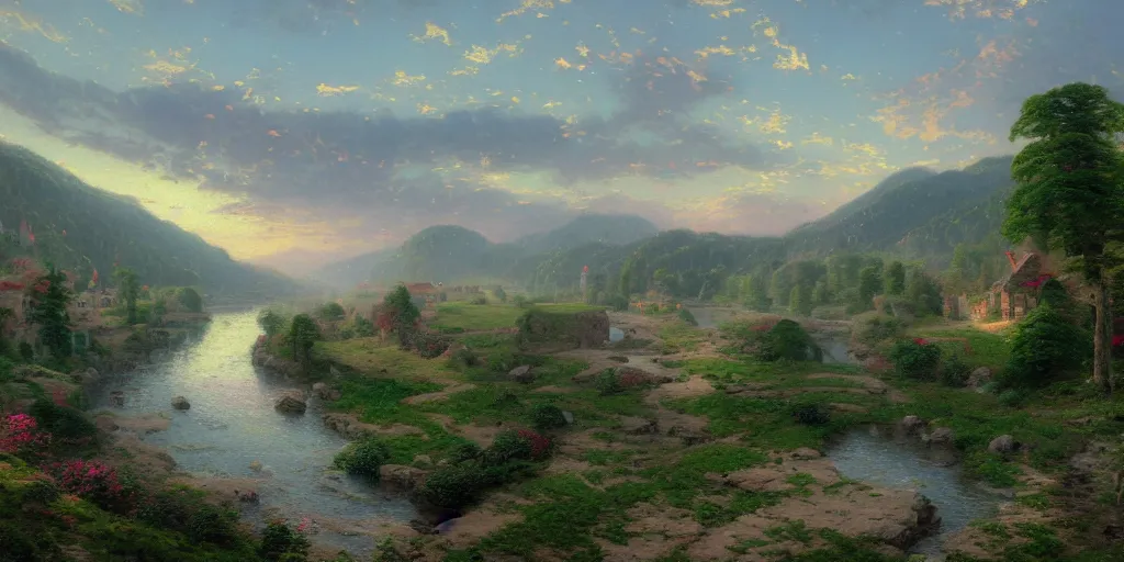 Prompt: A beautiful painting of a river landscape at dawn view from above with a horizon line in the upper third by thomas kinkade and Philipp A. Urlich, Trending on artstation, a medieval village by John Howe and Jonathan Berube and Pengzhen Zhang, Trending on artstation