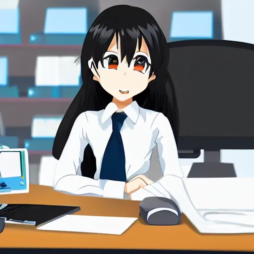 Image similar to high tech corporate office, anime girl subject