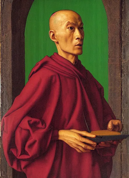 Prompt: a portrait of a monk using his mainframe by Jan van Eyck