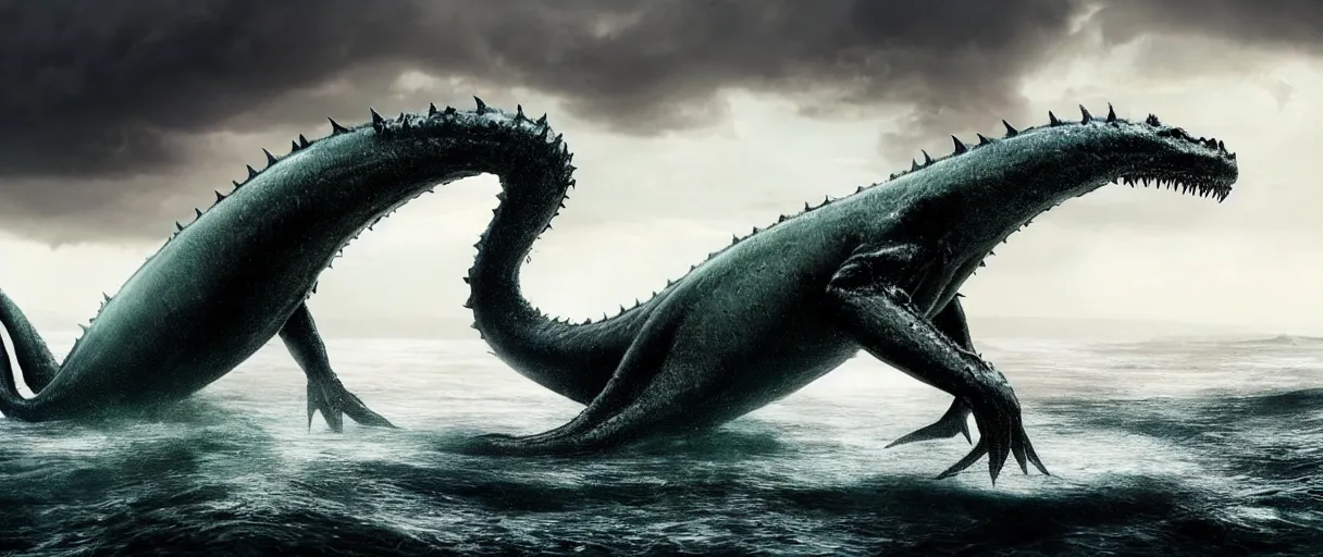 Image similar to a stunning cinematic extreme wide shot of an slick sleek smooth halitrephes maasi sea monster wearing clothes made of seaweed on a dark stormy beach, with huge luminous sad eyes, sharp claws, cgsociety, hd octane render, fantasy, artstation, deviantart, furaffinity, very very clean, super smooth, thunderclouds, thunderstorm