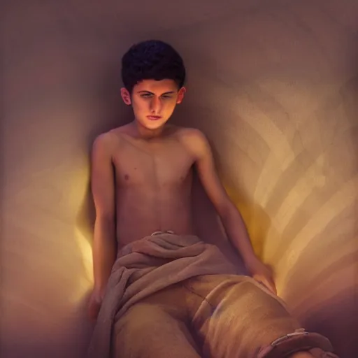 Image similar to Beautiful hyperrealistic detailed matte portrait painting of 12 year old middle eastern skinned boy with short hair and Biblical clothing sleeping. Interior of ancient tent. Nightime. Light rays shine onto his body. post processing, ultra detailed, trending on artstation