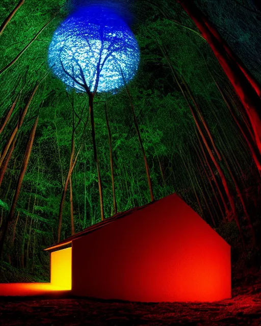 Image similar to building by diebedo francis kere, at night thermal vision rainforest lightpaint at dusk thermal imaging reclaimed by nature laser fisheye darkacademia forest myst hyperrealism, archdaily, wallpaper, highly detailed, trending on artstation.