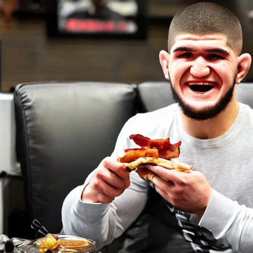 Image similar to khabib eating bacon while smiling