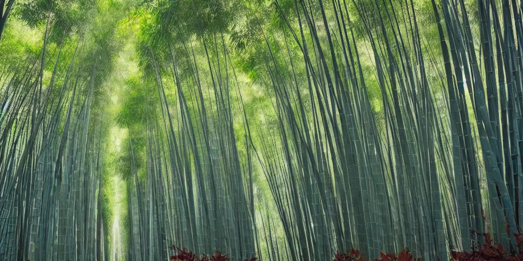 Image similar to Ancient city, Japanese architecture, city is surrounded by tall bamboo, in a bamboo forest, on a mountain, the weather is mist, red leaf trees and bamboo, ultra realistic, detailed, 4k