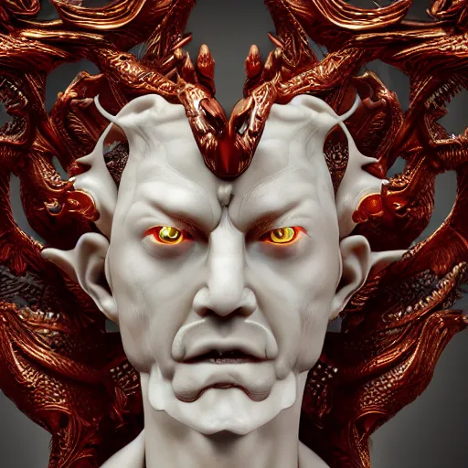 Image similar to a closeup portrait photo, alabaster and ruby real delicate ceramic porcelain sculpture of an ornate detailed humanoid dragon demon devil god in front of an intricate background by rafael, micro detail, backlit lighting, subsurface scattering, translucent, thin porcelain, fire, flames, amber, octane renderer, colorful, physically based rendering, trending on cgsociety