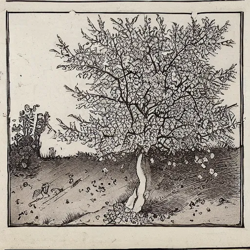 Prompt: a lone cherry tree in blossom! , with falling-leaves! and falling-flowers! in the background, In the style of wood cutting by Albrecht Dürer