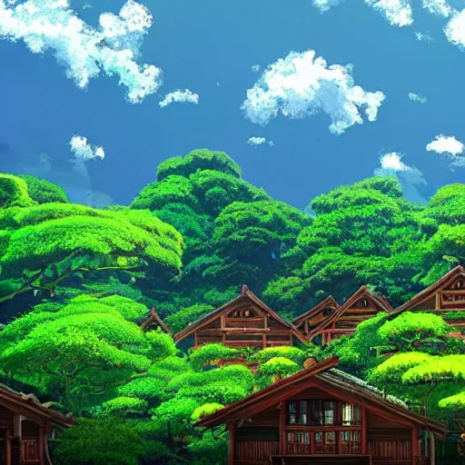 Image similar to stunning vista of lush foliage and wooden homes under dramatic sky, by studio ghibli, sharp focus vfx key shot