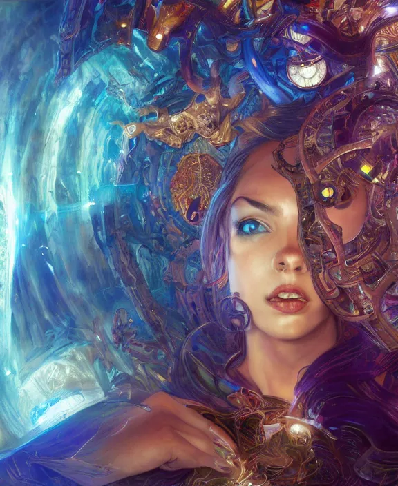 Image similar to a whirlwind of souls rushing inside the metaverse, half body, glowin eyes, tiara with sapphire, pharaoh, android, cyberpunk, d & d, fantasy, intricate, elegant, highly detailed, colorful, vivid color, digital painting, artstation, concept art, art by artgerm and greg rutkowski and alphonse mucha and ruan jia