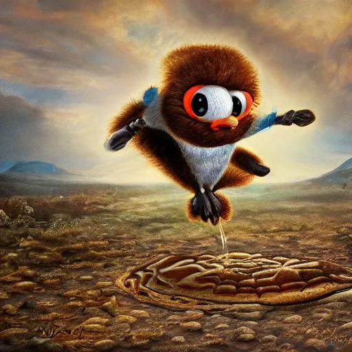 Prompt: a cartoon anthropomorphic pancake leaving the nest to fly for the first time, oil on canvas, portrait, intricate, 8k highly professionally detailed, HDR, CGsociety