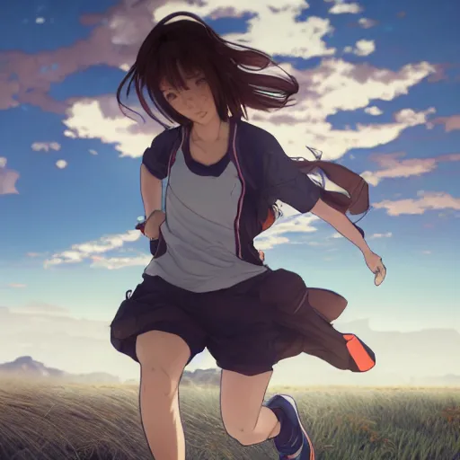 Prompt: a girl is running, sport clothing, fitness activity, anime style, brown short hair, hair down, symmetrical facial features, from arknights, hyper realistic, rule of thirds, extreme detail, detailed 4 k drawing, trending pixiv, realistic lighting, by alphonse mucha, greg rutkowski, sharp focus, backlit