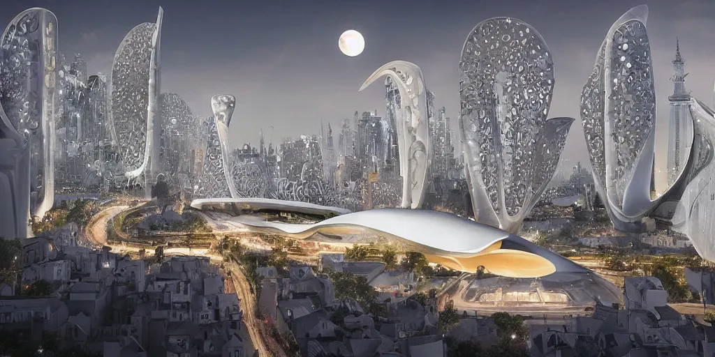 Image similar to fantasy city with moon by zaha Hadid with crowded street trending on artsation