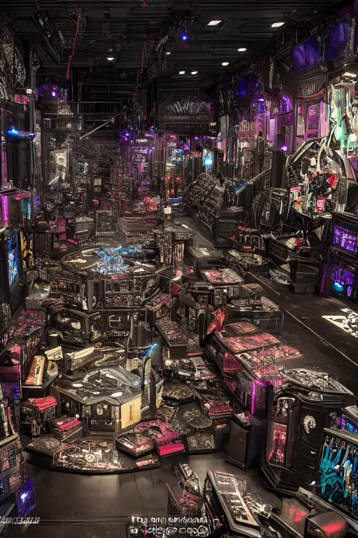 Prompt: Cybertron, inside of a Hot Topic store for goth Decepticons, cinematography by Wes Anderson, 4k octane render, intricate detail, photorealistic , cinematic lighting, Artstation