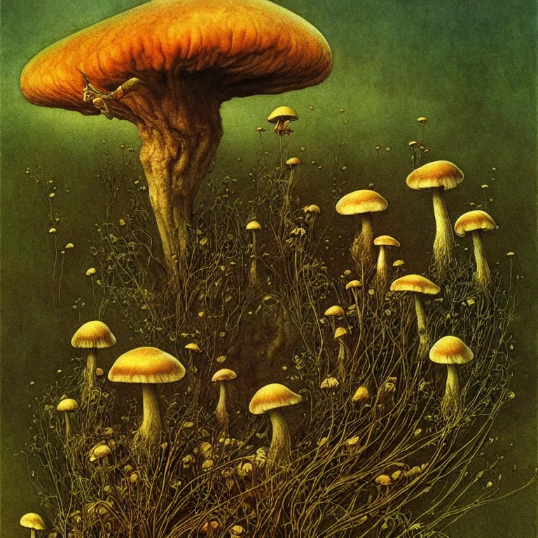 Image similar to Tea-mushroom flies in cosmos. Extremely high details, realistic, fantasy art, solo, masterpiece. Art by Zdzisław Beksiński, Arthur Rackham, Dariusz Zawadzki.