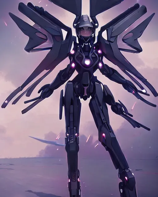 Prompt: uncropped stealthy feminine mecha ( with futuristic jet armor and wings ) with a heart visor helmet, symphogear, full body character portrait, hi - tech, trending on artstation, goth armor, digital painting, concept art, sharp focus, illustration, art by wlop and greg rutkowski