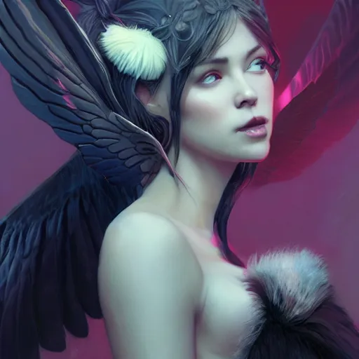 Image similar to a fancy portrait of an attractive succubi with pink wings and a calm look on her face by greg rutkowski, sung choi, mitchell mohrhauser, maciej kuciara, johnson ting, maxim verehin, peter konig, 8 k photorealistic, cinematic lighting, hd, high details, dramatic, dark atmosphere, trending on artstation