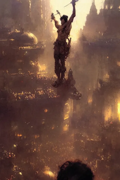 Image similar to homelander floating over a crowd, portrait dnd, painting by gaston bussiere, craig mullins, greg rutkowski, yoji shinkawa