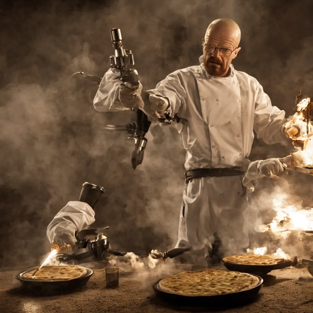 Image similar to walter white making pizza with a blowtorch in the desert, dramatic lighting, still from breaking bad