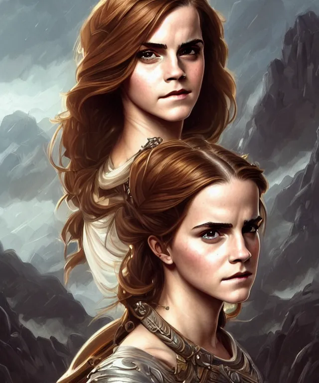 Image similar to Emma watson Muscular and powerful medieval noble woman portrait, sci-fi, amber eyes, face, long hair, fantasy, intricate, elegant, highly detailed, digital painting, artstation, concept art, smooth, sharp focus,8k, illustration, art by artgerm and greg rutkowski and alphonse mucha