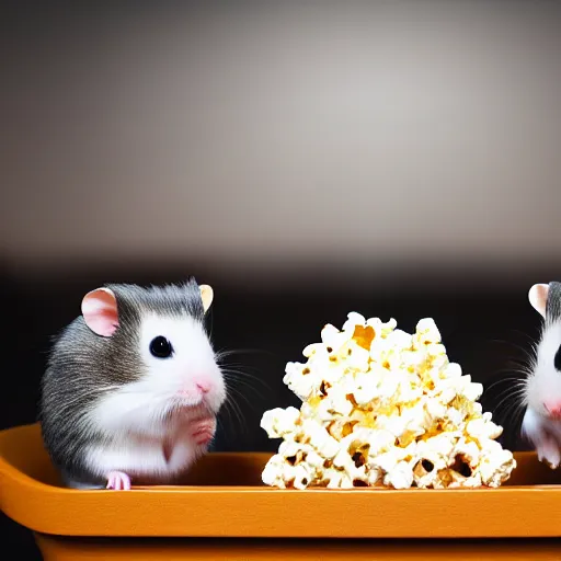 Prompt: photo of two hamsters, bucket of popcorn next to them on a cinema seat, various poses, unedited, dim light, sharp focus, 8 k