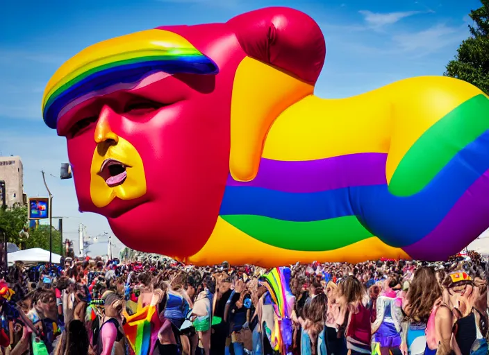 Image similar to pride parade float in the shape of donald trump's head, photorealistic, canon 5 d, sharp, sunlight, reflection, inflatable, rainbow