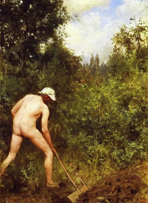 Image similar to artwork painting of a lush environment, a man is digging a grave, by eugene von guerard, ivan shishkin, john singer sargent