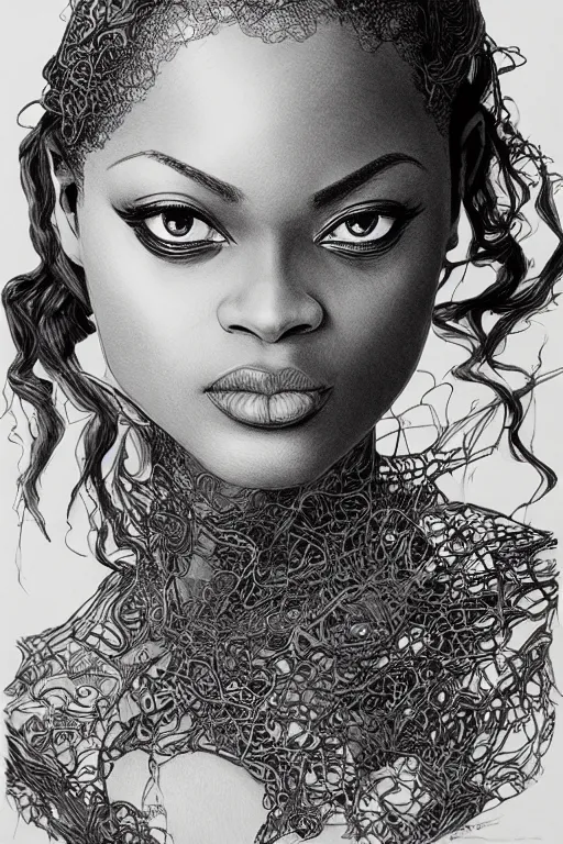 Image similar to Portrait of Jada Fire, pen and ink, intricate line drawings, by Yoshitaka Amano, Ruan Jia, Kentaro Miura, Artgerm