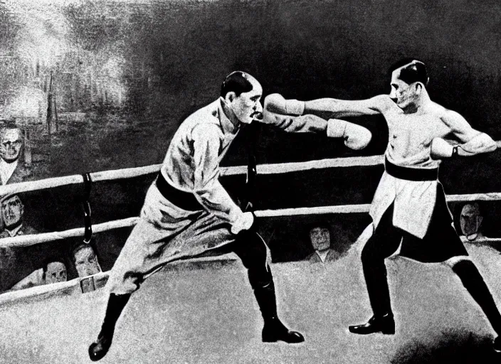 Image similar to jose rizal in a boxing match with adolf hitler, cinematic, colored, wide shot