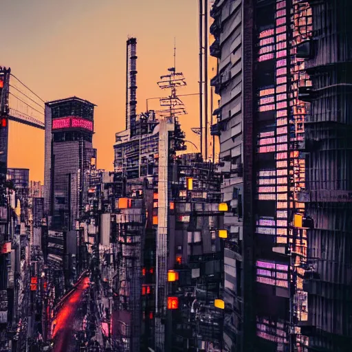 Image similar to tokyo cyberpunk futuristic, full of robots, sunset surreal