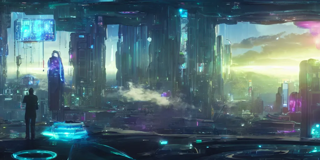 Image similar to a cinematic composition depicting : a translucid crystal being, behind their hud viewing out of their window how a high tech lush solarpunk tribe collaborating with their technologic android helpers encroaching on a distant cyberpunk world at sunrise