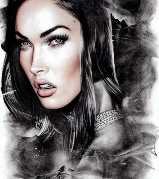 Image similar to megan fox face double exposure with beautiful mountains, tattoo sketch, hyper - realistic, in the style of matteo pasqualin, amazing detail, sharp, black and white