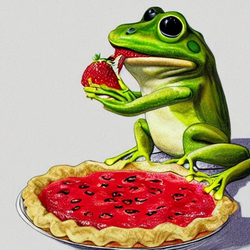 Image similar to sketch of a frog eating a strawberry pie,