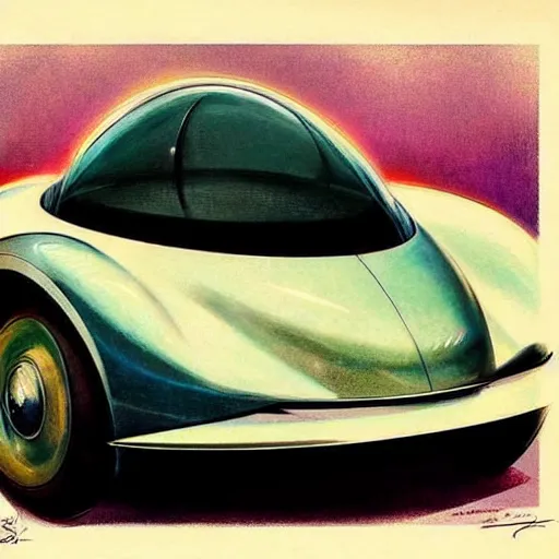 Prompt: (((((1950s futuristic show car . muted colors.))))) by Jean-Baptiste Monge !!!!!!!!!!!!!!!!!!!!!!!!!!!