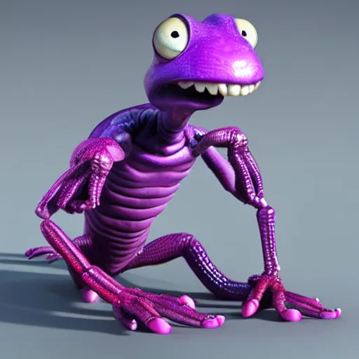 Image similar to full body portrait of purple alien reptile crustacean with multiple limbs character concept cute photo realistic detailed cute pixar 3d render