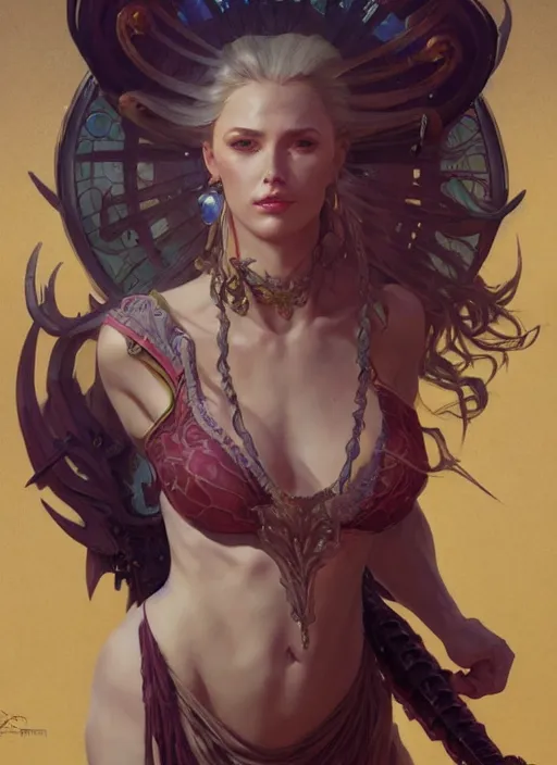 Image similar to portrait of a full body of beautiful female warhammer, d & d, fantasy, arcane, flat lighting, intricate, muscular, highly detailed, digital painting, artstation, concept art, smooth, sharp focus, illustration, art by simon bisley and greg rutkowski and alphonse mucha, natural tpose