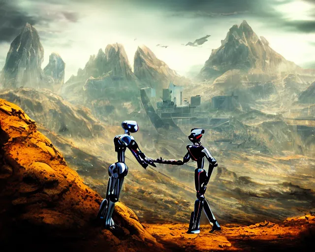 Image similar to two humanoid futuristic robot fighting each other, landscape, Cyberpunk, Steampunk, cloudy, mountains on background, peaceful day